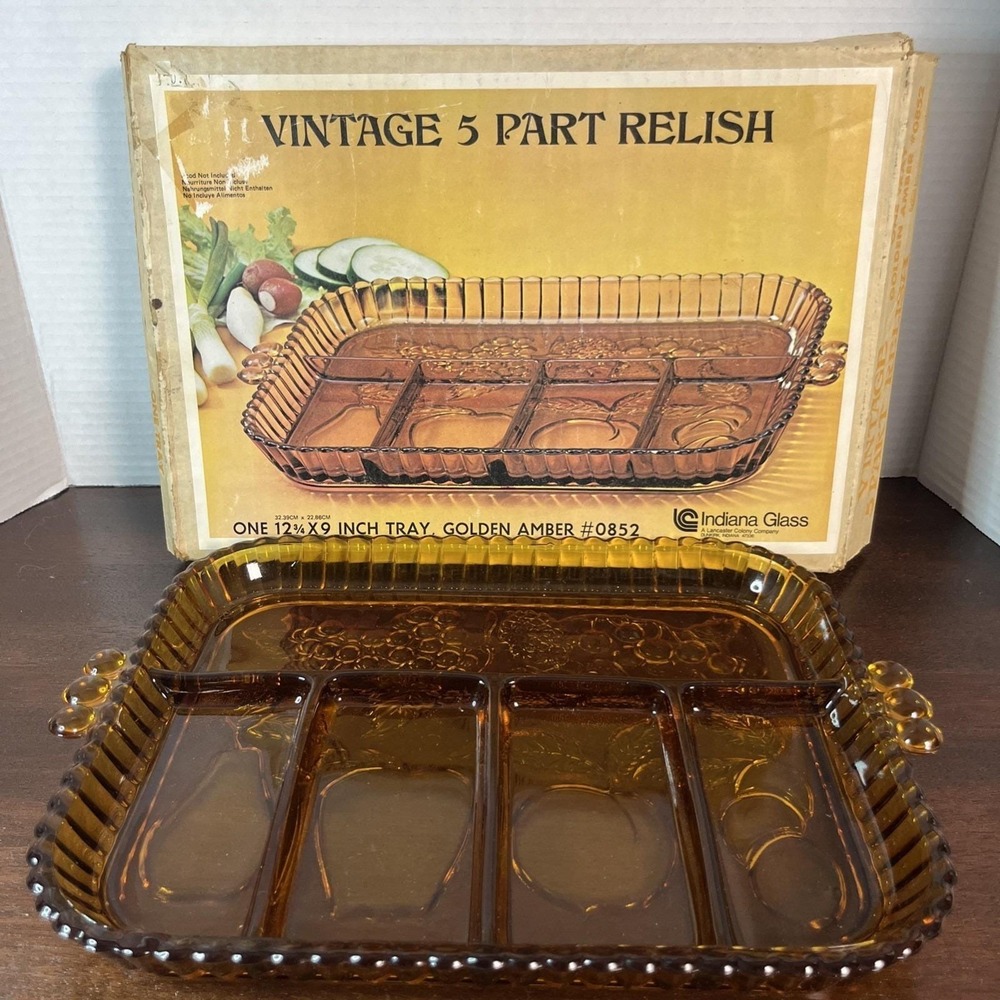 Vtg Indiana Glass Amber Relish‎ Tray 5 Section Fruit Embossed MCM 1970s Platter